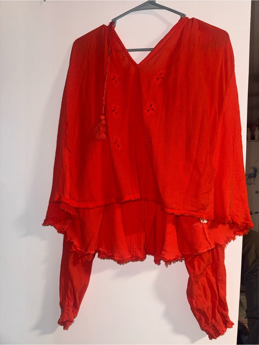 Free People Red Tiered Gauze Peasant Blouse